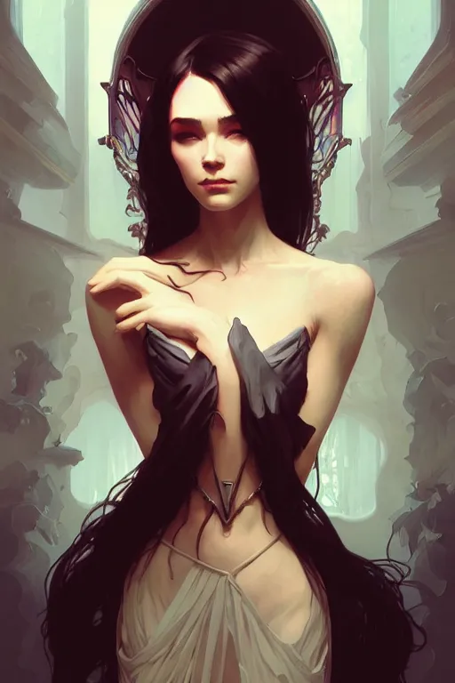 Image similar to a beautiful necromancer woman, fantasy, portrait, sharp focus, intricate, elegant, digital painting, artstation, matte, highly detailed, concept art, illustration, ambient lighting, art by ilya kuvshinov, artgerm, Alphonse mucha, and Greg Rutkowski