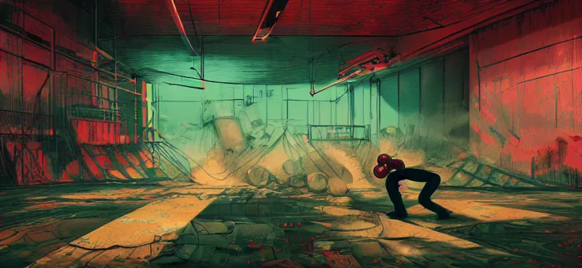 Image similar to handmade illustration of a violent boxing match in an industrial room, line art, octane render with volumetric lighting, architectural illustration by cedric peyraavernay, waste processing machinery, bladerunner, green and red radioactive swamp, by Remedios Varo and Anato Finnstark and Greg Rutkowski, dayglo pink, dayglo blue, dazzle camouflage, 8k, trending on ArtStation