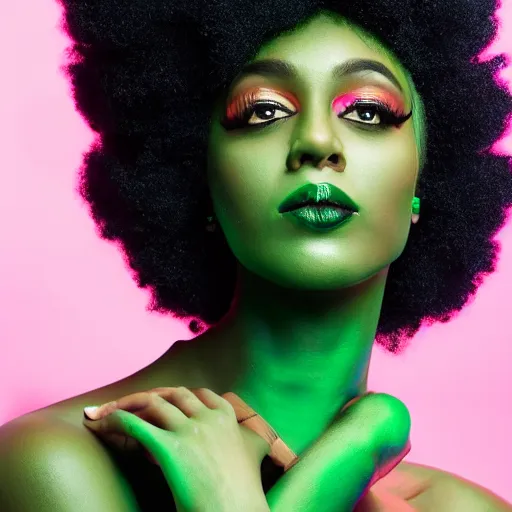 Image similar to a realistic model photoshoot of a black girl with green afro hair, beautiful, model, professional picture, realistic, 4 k, bright light, portrait