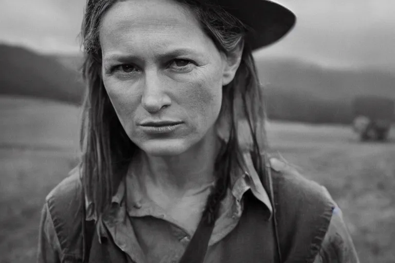 Image similar to a cinematic headshot portrait of a farmer, stood outside a wooden cabin, movie still, ultra realistic, dramatic lighting, by annie leibovitz