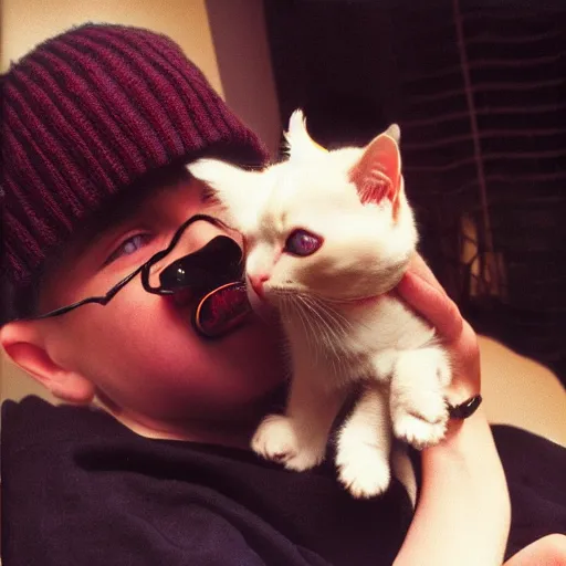 Prompt: rapper in the 1990s holding a kitten, fisheye lens, cinestill, 800t, 35mm, full-HD