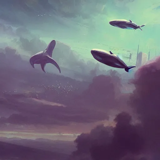 Image similar to whales in the sky above the city, digital art, trending on artstation, by greg rutkowski