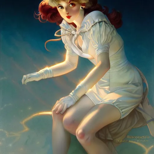 Image similar to of Sailor Moon, dark fantasy, medium shot, intricate, elegant, highly detailed, digital painting, volumetric light, artstation, concept art, smooth, sharp focus, illustration, art by Gil Elvgren and Greg Rutkowski and Alphonse Mucha