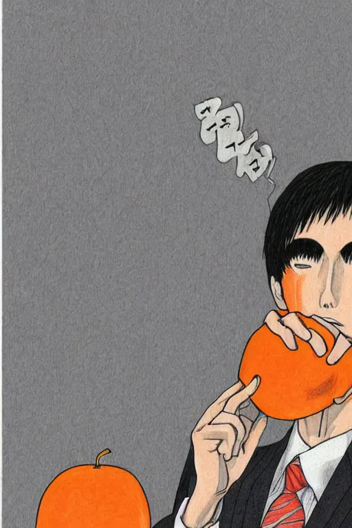 Image similar to junji ito illustration of a businessman with an orange fruit for a head