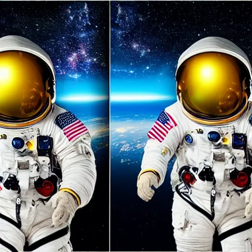 Image similar to astronaut in space, galactic background reflections on suit on one side and a yellow planet on the other side