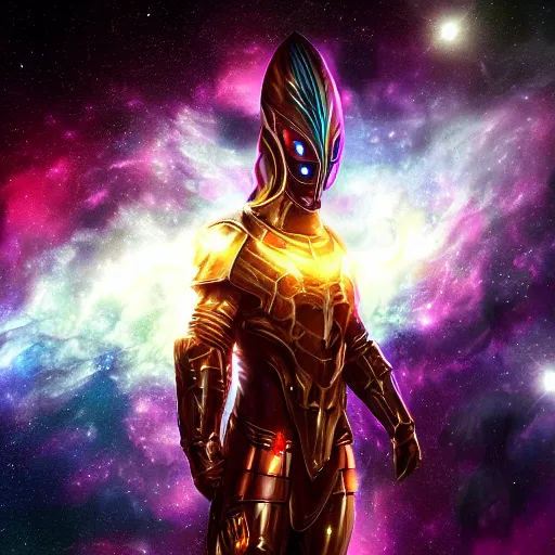 Image similar to photorealistic fantasy cosmic concept art of a cosmic nebula God in dark matter armor hovering in a unknown galaxy, fully body portrait, cinematic, dynamic lighting, ultra detailed, creative, trending on art station