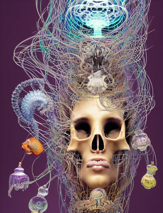 Image similar to goddess macro shouler portrait from bottom to top in crown made of ram skull. betta fish, jellyfish phoenix, bioluminiscent, plasma, ice, water, wind, creature, super intricate ornaments artwork by tooth wu and wlop and alex prager and greg rutkowski