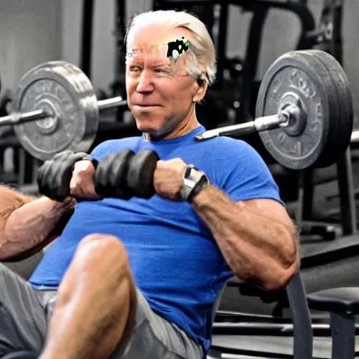 Prompt: joe biden being a bodybuilder doing weights, in the gym