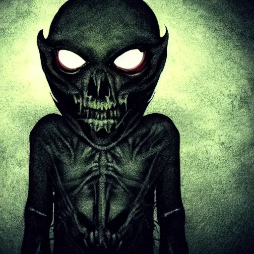 Image similar to creepy dark, devilish creature, bizzare background, eerie feel, dark web, dark colors