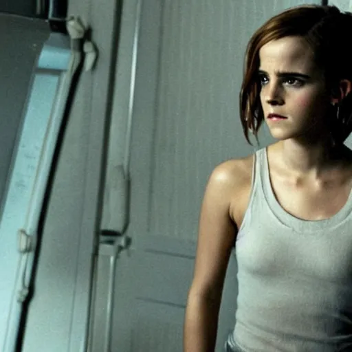 Image similar to emma watson starring in the new alien movie, 8 0 s movie, cinematic, movie poster, dark, moody