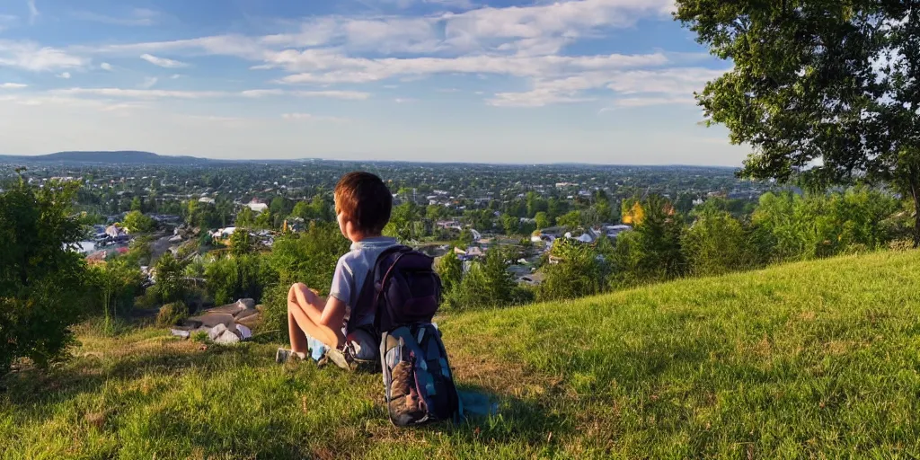 Image similar to cottagecore of a student sitting on a hilltop overlooking a suburban neighborhood on a peaceful morning