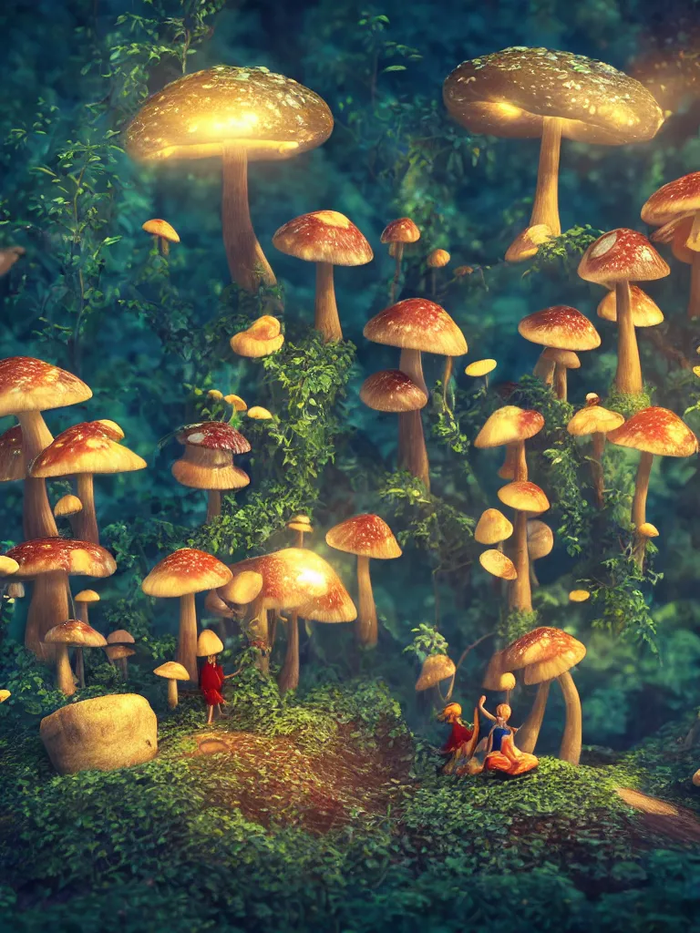 Prompt: fairy's dance in delight around a complex engine creating mushrooms, by viktoria gavrilenko, octane render, 8 k, beautifully lit