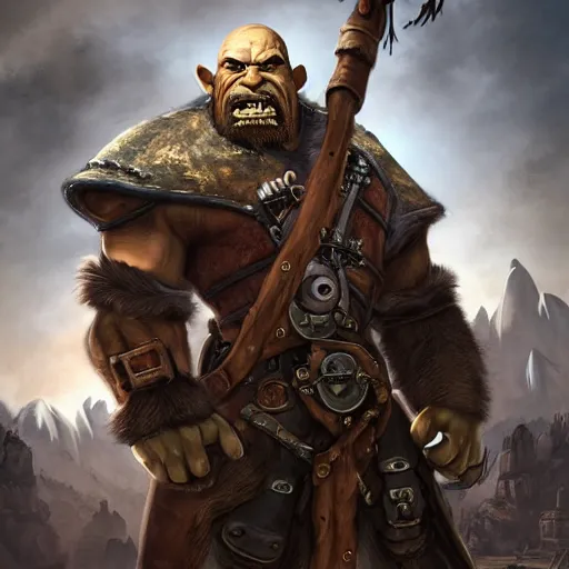 Image similar to portrait of a muscular, bald orc mechanic, wearing a heavy brown leather coat, wielding a wrench, tusks, steampunk setting, gears, airship, Warcraft character, dramatic lighting, high detail, digital art