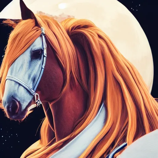 Prompt: A hyper real comic book style portait painting of a close up of Annita, the singer, riding a horse on the moon, her face is clearly visible, unreal 5, hyperrealistic, octane render, cosplay, RPG portrait, dynamic lighting