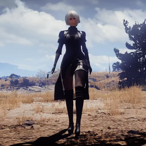 Image similar to Film still of 2B Nier Automata, from Red Dead Redemption 2 (2018 video game)