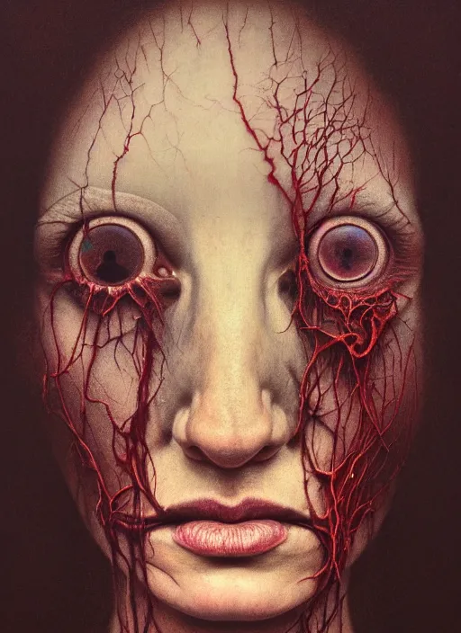 Image similar to there is ugliness in beauty, but there is also beauty in ugliness detailed portrait painting inspired by beksinski and alex gray, accurate anatomy, vintage, anamorphic lens, anamorphic lens flares, kodakchrome, cinematic composition, award winning photo, by jenny saville. 8 k