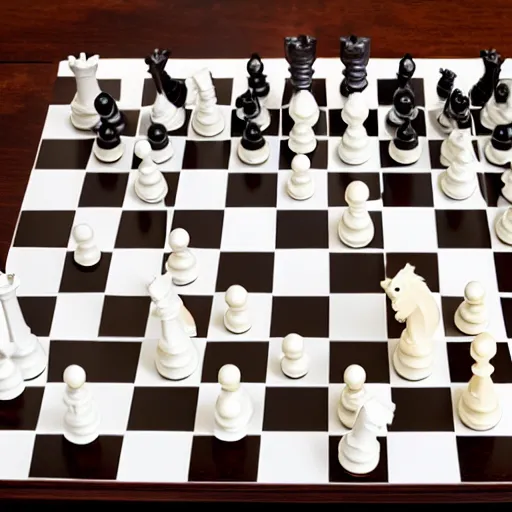 Prompt: a battle on a chess board with chess pieces