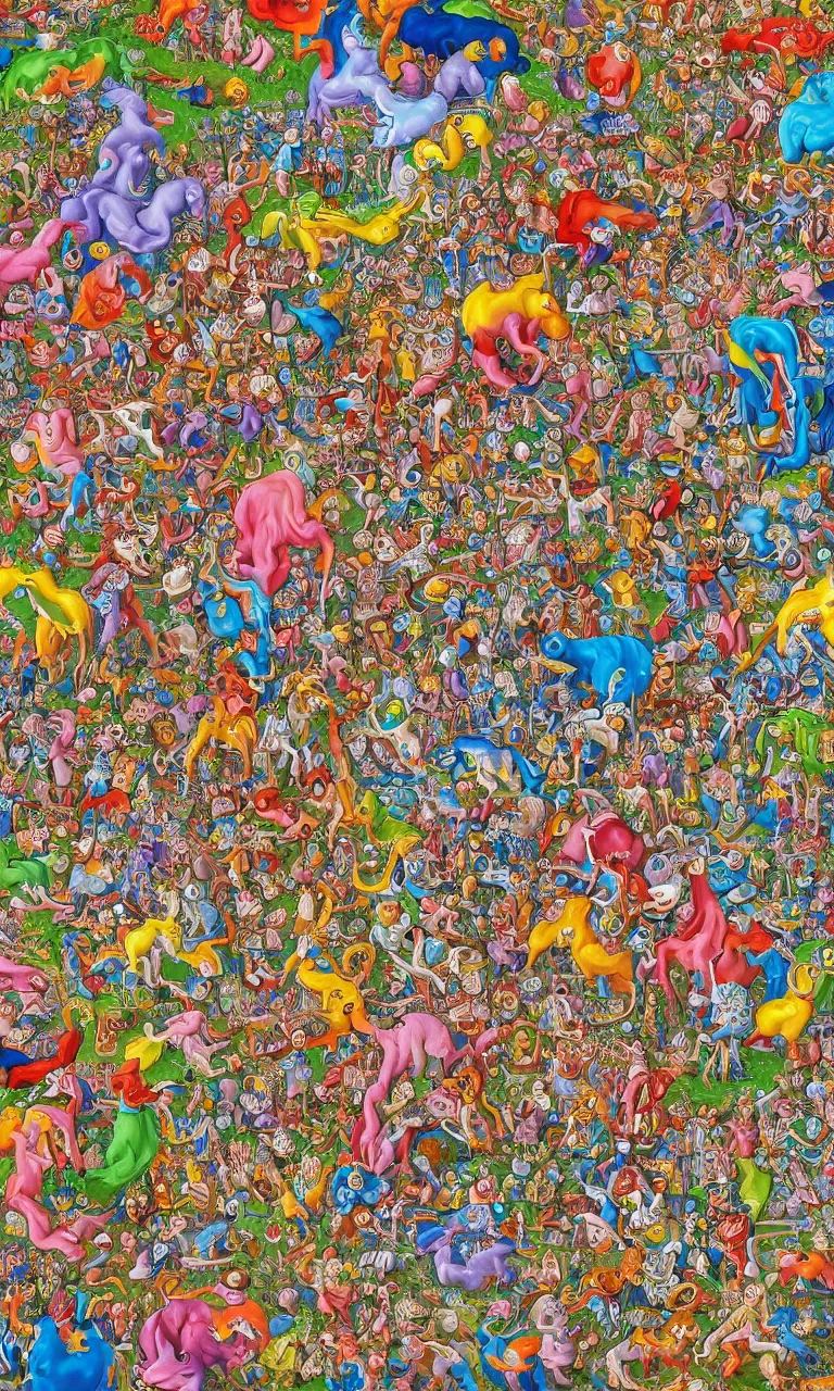 Prompt: an incredibly detailed masterpiece painting of a Where's Waldo puzzle by bosch and lisa frank, ornate, beautiful, bold colors, detailed, high resolution, wow!, intricate