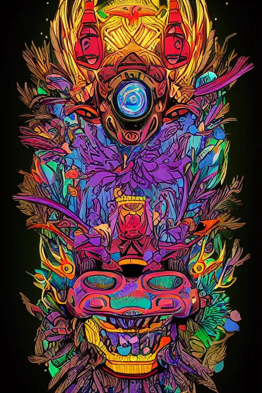 Image similar to animal mask totem roots flower tribal feather gemstone plant wood rock shaman vodoo video game vector cutout illustration vivid multicolor borderlands comics by josan gonzales and dan mumford radiating a glowing aura