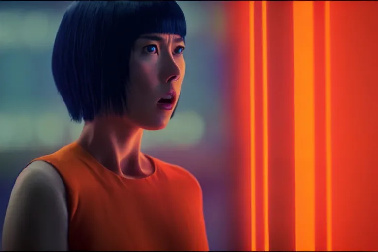 Image similar to major motoko wearing an orange prison jumpsuit, large hologram of a screaming face dominates the background, photography by fred palacio medium full shot still from bladerunner 2 0 4 9, sci fi, bladerunner, canon eos r 3, f / 3, iso 2 0 0, 1 / 1 6 0 s, 8 k, raw, unedited