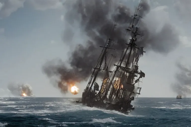 Image similar to vfx movie closeup portrait pirate crew running down beach as pirate ship fires canons, 8 5 mm sand explosion by emmanuel lubezki