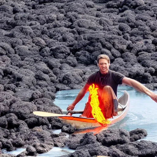 Prompt: Man riding down a lava flow in a canoe made of Titanium.