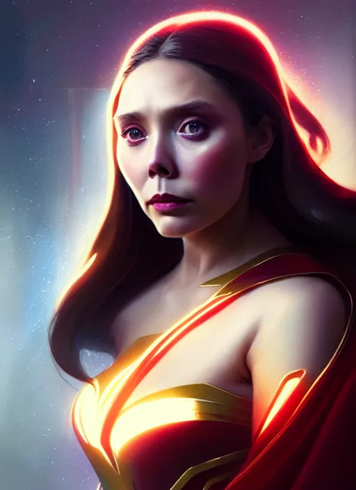 Image similar to portrait of modern darna, elizabeth olsen, intricate, elegant, glowing lights, highly detailed, digital painting, artstation, glamor pose, concept art, smooth, sharp focus, illustration, art by wlop, mars ravelo and greg rutkowski