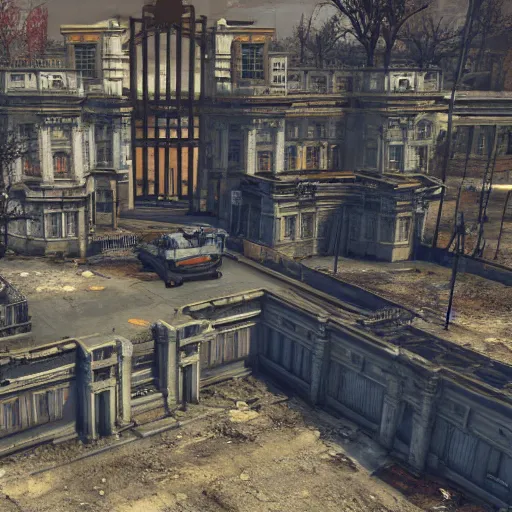 Prompt: buckingham palace in ruins post - nuclear war in fallout 4, in game screenshot