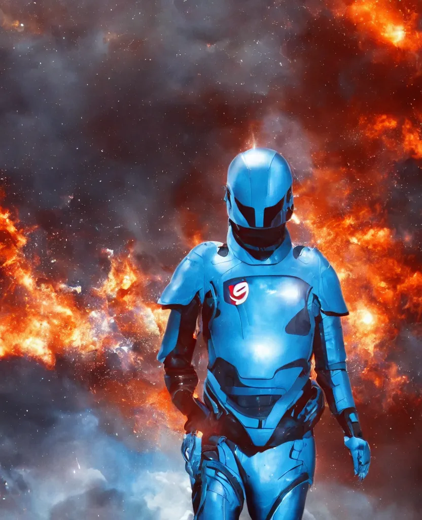 Image similar to a cinematic scene of a giant smirking elon musk in sky blue armor walking toward the camera from a explosion of blue twitter birds