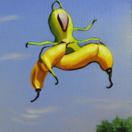 Image similar to oil painting impressionist stopwatch and banana flying through the air, ( bugs buzzing around ), whimsical, detailed,