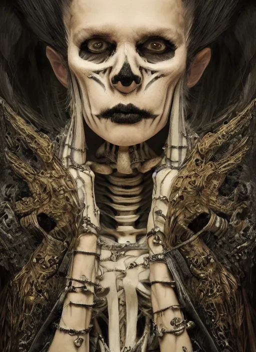 Image similar to masterpiece portrait of a gothic shaman with skeleton robe, au naturel, hyper detailed, digital art, trending in artstation, cinematic lighting, studio quality, smooth render, unreal engine 5 rendered, octane rendered, art style by klimt and nixeu and ian sprigger and wlop and krenz cushart and kim jung gi and greg rutkowski