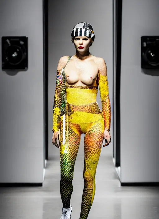 Image similar to hyperrealistic and heavy detailed adidas avant garde runway show of movie the fifth element diva, leica sl 2 5 0 mm, vivid color, high quality, high textured, real life