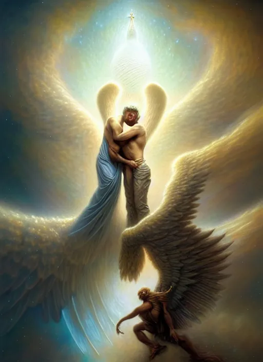 Prompt: man embracing an angel in space, fine art, intricate, elegant, highly detailed, realistic hair, centered, digital painting, art station, conceptual art, soft, sharp focus, illustration, artwork, artgerm, tomasz alen kopera, peter mohrbacher, donato giancola, wlop, boris vallejo