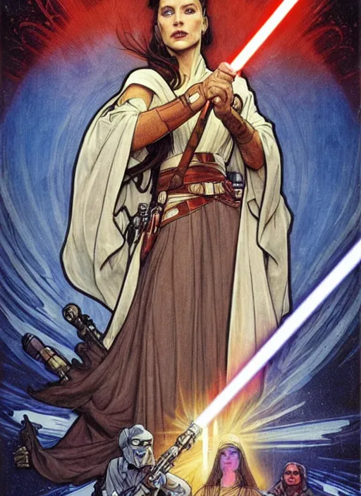 Image similar to movie poster by iain mccaig and magali villeneuve and drew struzan and alphonse mucha, a very beautiful!!!! woman jedi master, highly detailed. star wars original trilogy, she is about 2 0 years old, wearing jedi robes.