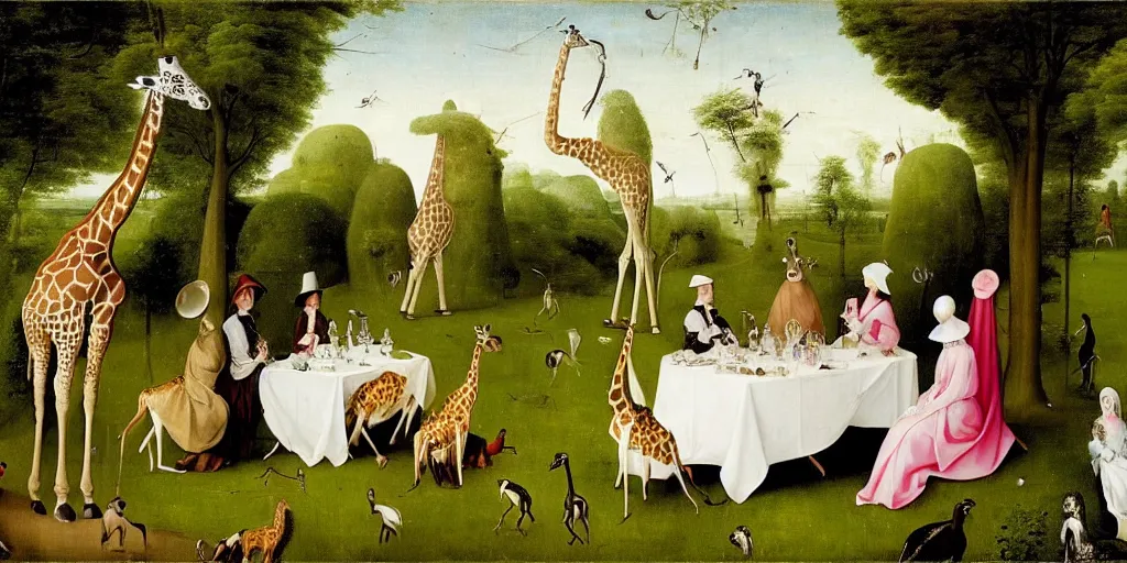 Prompt: elegant victorian tea party with giraffes in a topiary english garden, hyper realistic hieronymus bosch - h 7 6 8