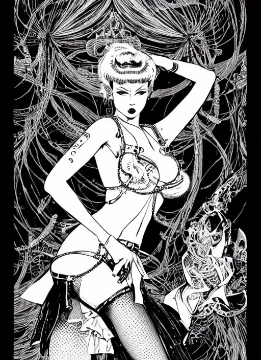 Prompt: lili st. cyr as a cyberpunk dancer, science fiction comic illustration by ken taylor and takato yamamoto, intricate, stunning inking lines, hyper detailed, 4 k, hd, award winning, photorealistic