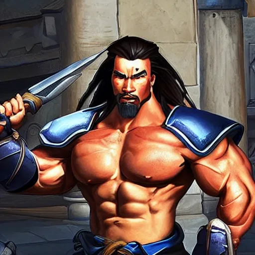 Image similar to a screenshot of arnold schwarzenegger as hanzo in overwatch