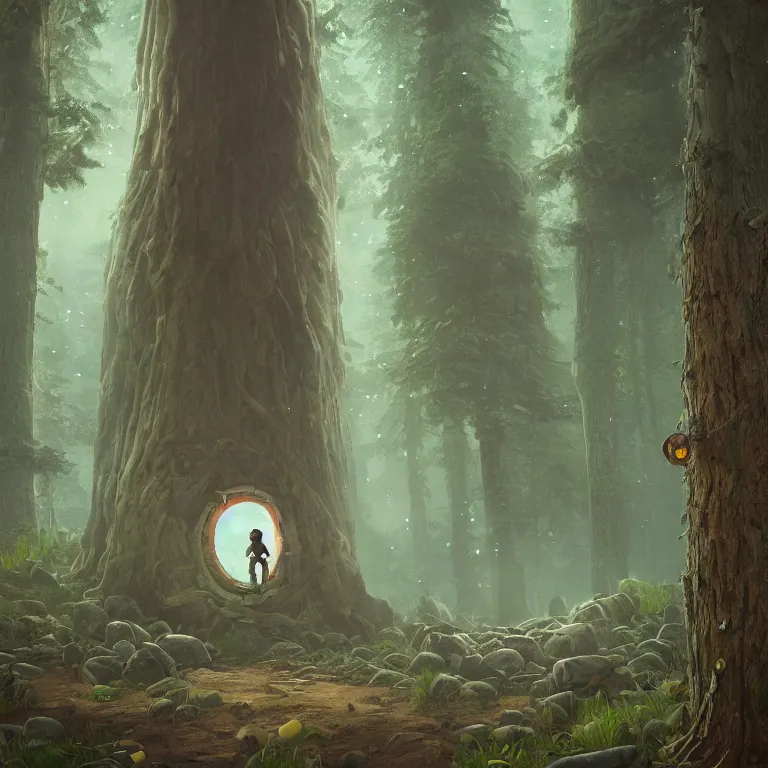 Prompt: a forest gnome standing in front of a portal. Detailed digital matte painting in the style of simon stalenhag