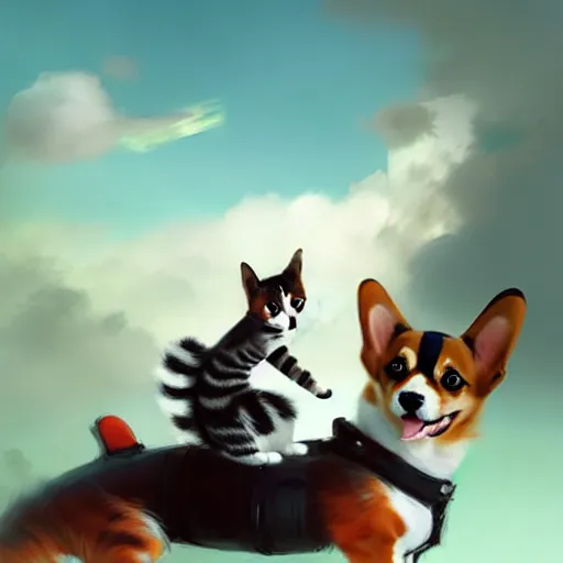 Image similar to tiny cat girl riding on the back of a giant corgi by greg rutkowski