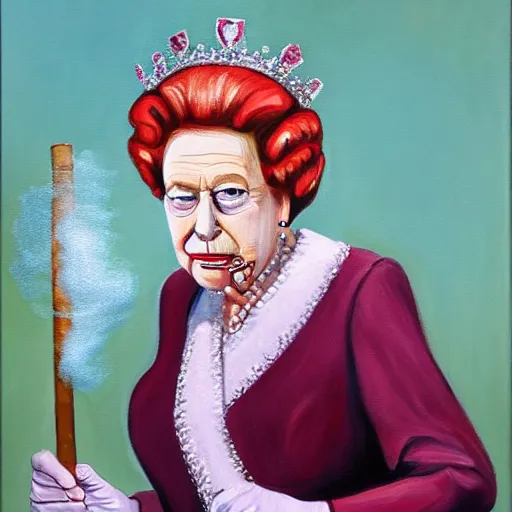 Image similar to Realistic painting of Queen Elizabeth II smoking a cigar on a unicycle