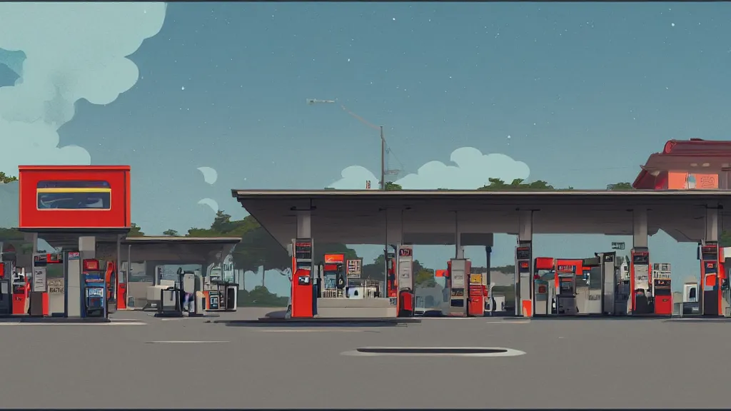 Image similar to Explosion at the gas station, flat design, screen print by Kawase Hasui and dan hillier, 8k unreal engine