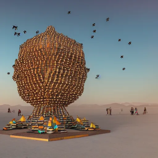 Image similar to highly detailed 3d render of burning man festival sculpture in the shape of bees by Beeple