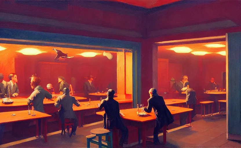 Image similar to Mysteriuos Tavern, very coherent, painted by Edward Hopper, Wayne Barlowe, painted by James Gilleard, airbrush, art by JamesJean