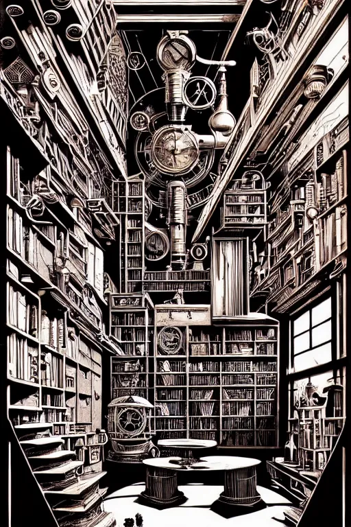 Image similar to a majestic steampunk alchemists bookshelf, two point perspective, furniture, high details, bold line art, by vincent di fate and joe fenton, inking, etching, screen print, masterpiece, trending on artstation, sharp, high contrast, hyper - detailed,, hd, 4 k, 8 k