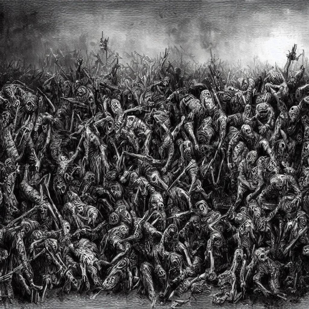 Image similar to zombies, nine steel barrels in a graveyard, creepy atmosphere, dark, realistic, illustration by gustave dore