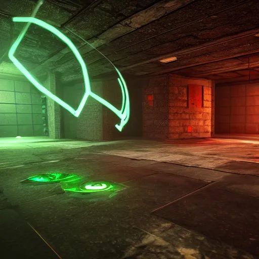 Image similar to secret underground lab, unreal engine, octane, 4 k, videogame style, retro tech, some green glowing artifacts