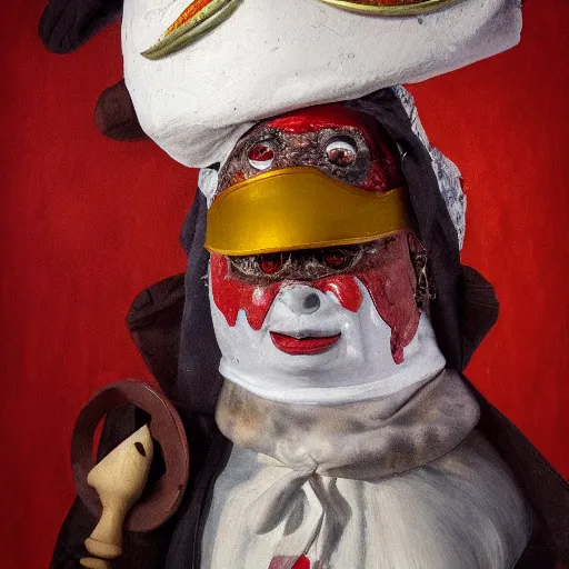 Image similar to a highly detailed pulcinella with a pizza margherita, black eye mask, full body, detailed painting by arturo faldi, volcano and lava, trending on deviantart, octane, masterpiece, masqua