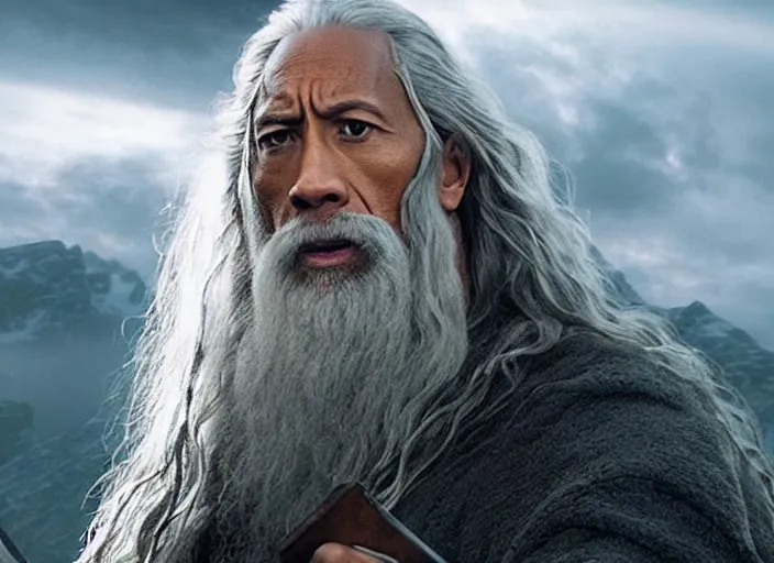 Prompt: film still of dwayne the rock johnson as gandalf in the new lord of the rings movie, 4 k, highly detailed face, detailed eyes