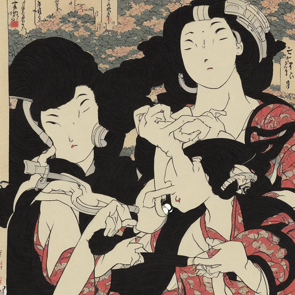 Image similar to i, a beautiful woman wearing headphone and playing iphone, by hokusai