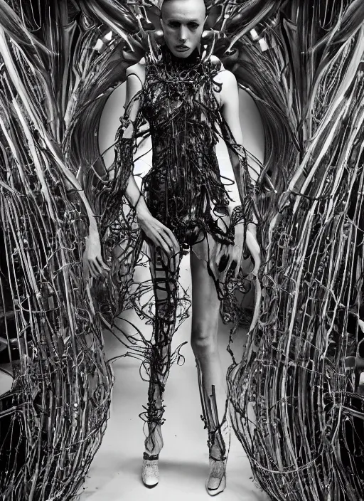 Image similar to walking down the catwalk, ben watts, show, stage, vogue photo, podium, fashion show photo, historical baroque dress dark, iris van herpen, beautiful woman, masterpiece, intricate, biopunk, vogue, full body shot, alien, plant predator, guyver, giger, wires, tubes, veins, jellyfish, white biomechanical details, highly detailed